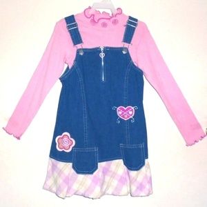 2 Pc Pink Bodysuit & Overalls Blue Denim Dress Set